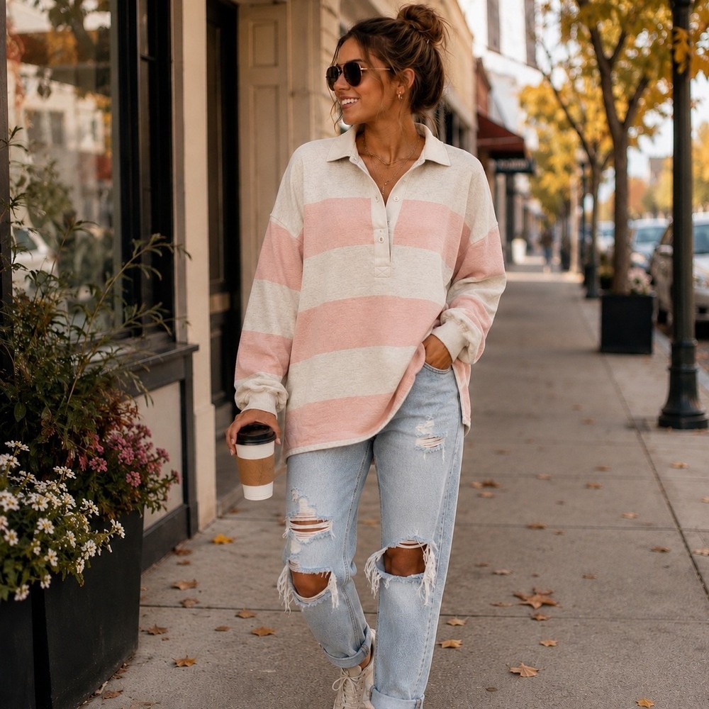 Aerie Prep Rally Rugby Sweatshirt Women's Medium Pink Oatmeal Striped Oversized